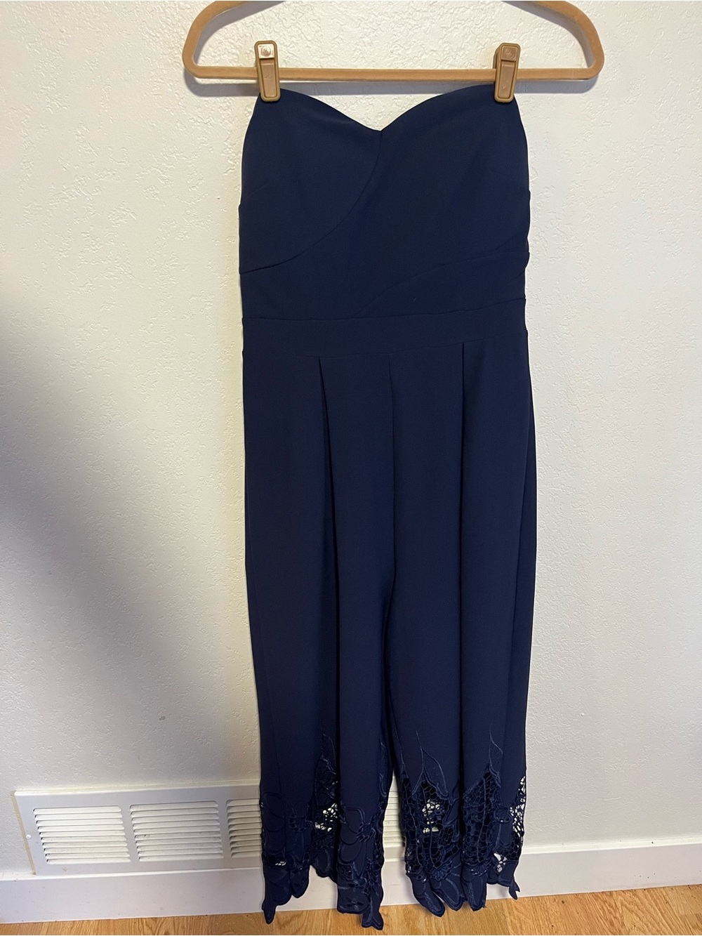 Navy Strapless Jumpsuit with Lace Hem, formal, semi formal, wedding guest